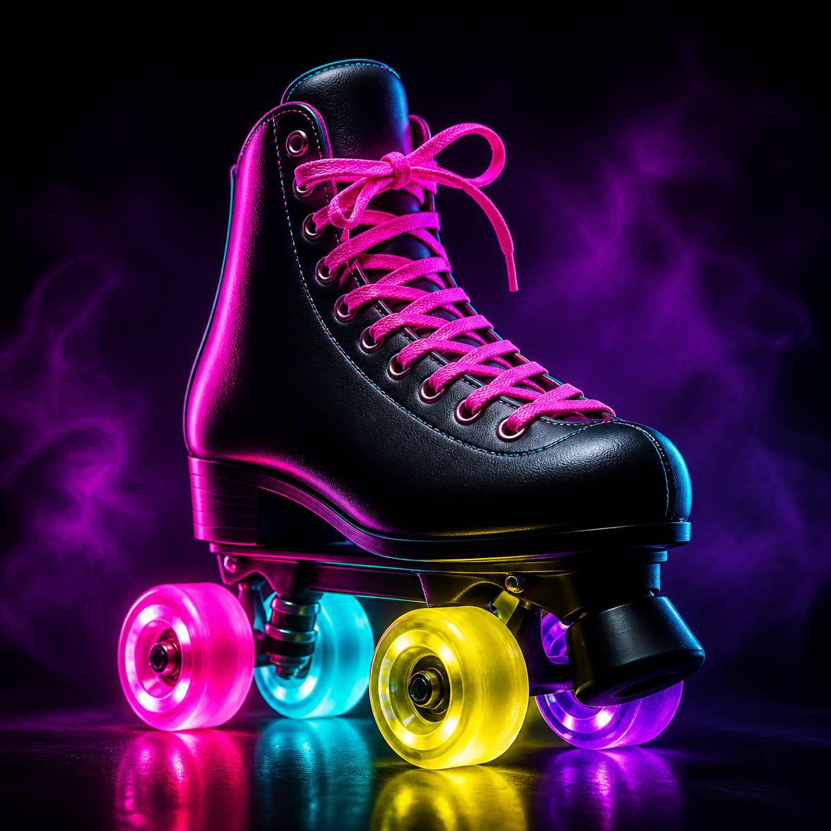 Black retro quad roller skate with pink laces and glowing neon wheels
