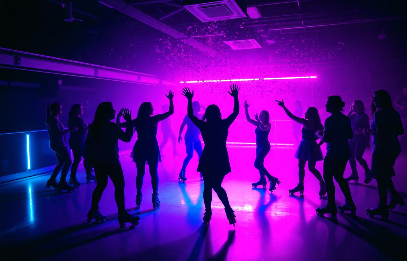 Neon-lit group of skaters celebrating at Level Up Roller Rink